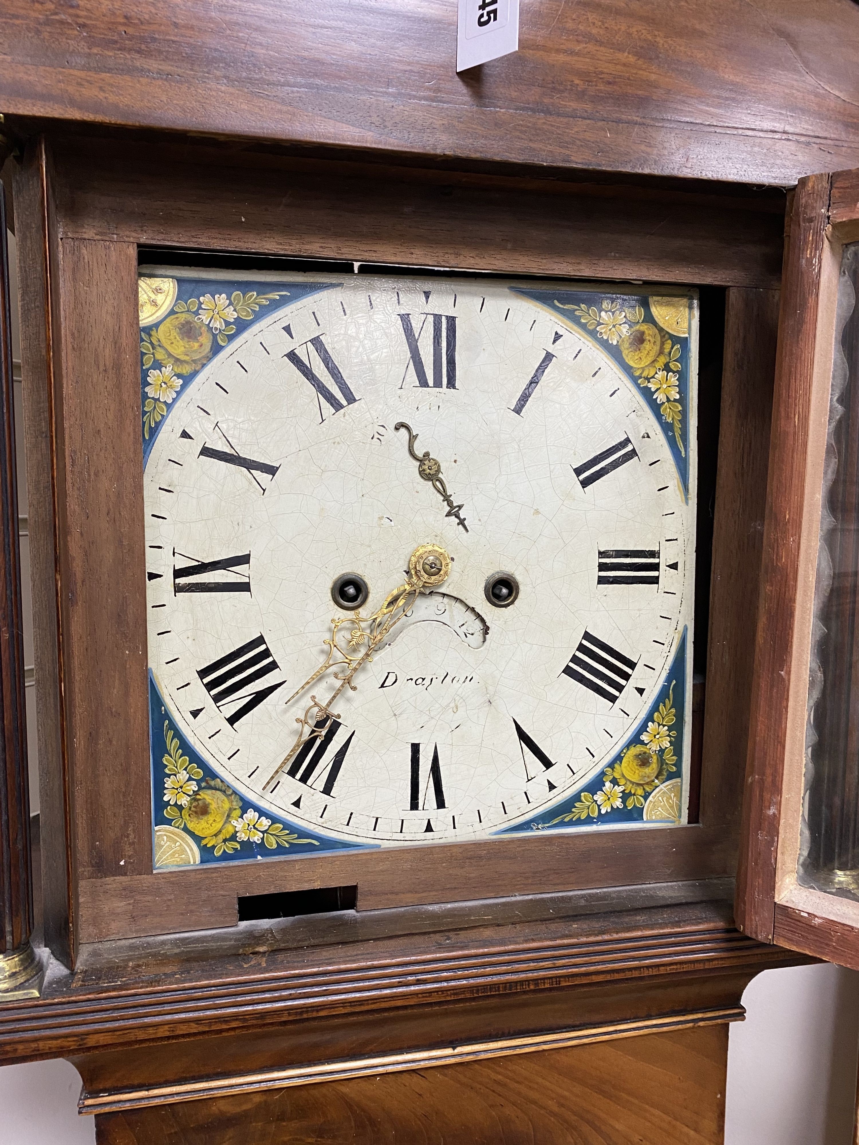 An early 19th century mahogany eight day longcase clock (reduced in height) marked Drayton, height 203cm
